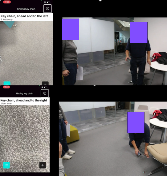 A user reaching toward keys that are right in front of him while the app has gone silent, because the camera has lost sight of them at close range.