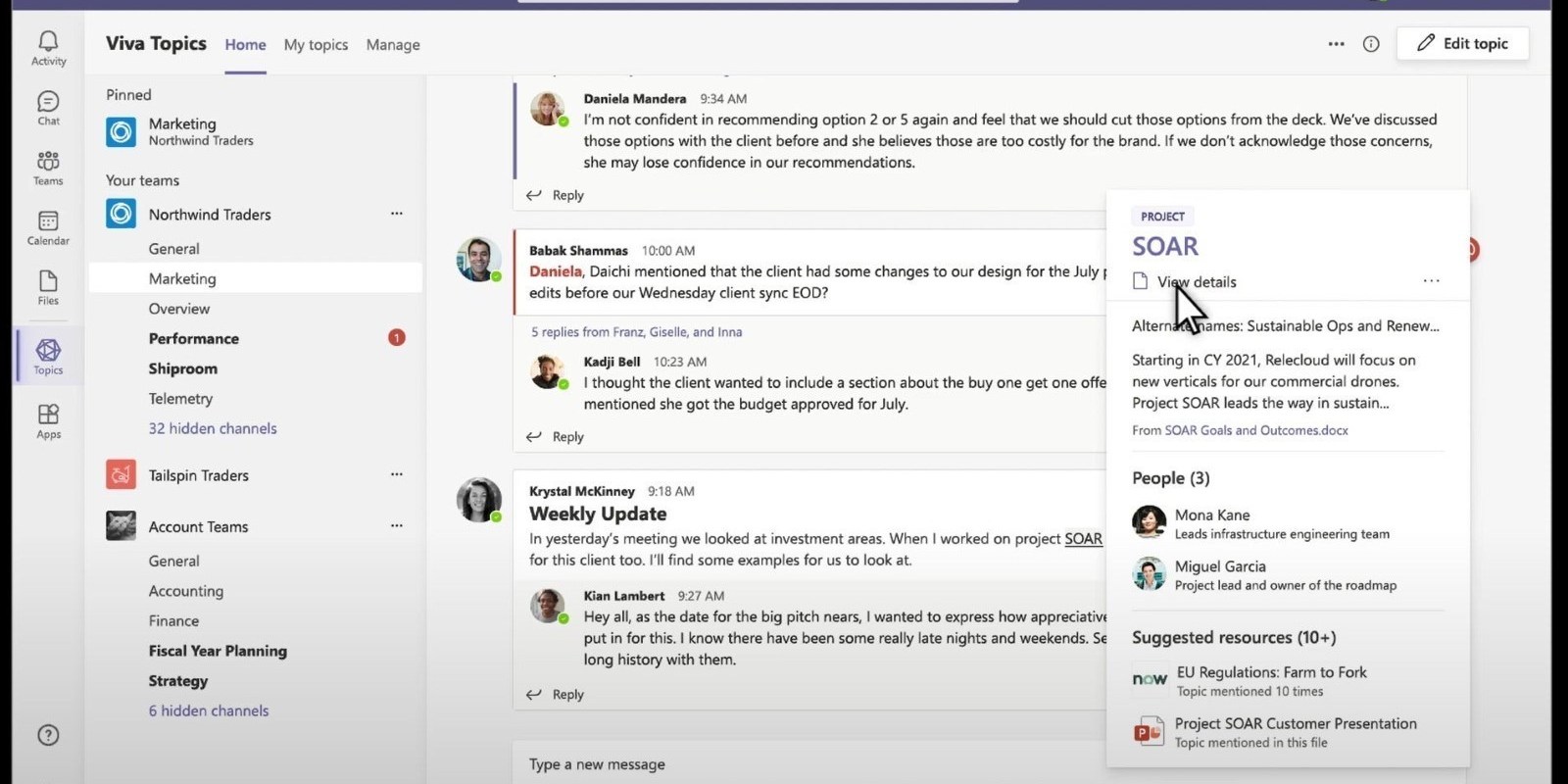 Viva Topics running inside Microsoft Teams. A channel conversation fills the window, and the term "SOAR" in one message has opened a topic card on the right showing the project name, alternate names, a short summary sourced from a linked document, three named people with their roles, and a list of ten or more suggested resources.
